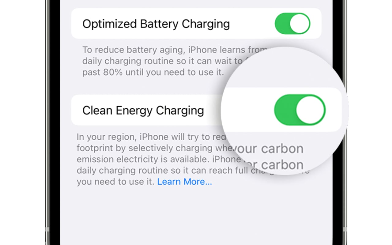 Duurzame energiefunctie voor je iPhone (iOS 16.1)