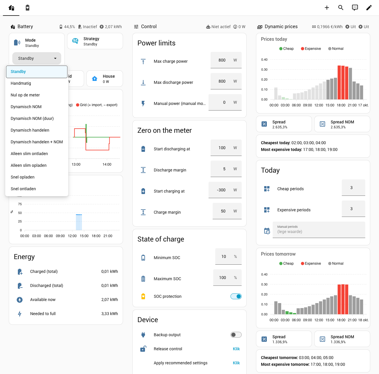 Dashboard van de SAMDUO Nex-integratie in Home Assistant met modusmenu, regelinstellingen en prijsbalken voor vandaag en morgen
