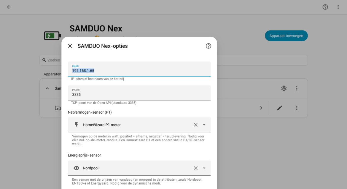 Opties van de SAMDUO Nex-integratie met de P1-sensor van HomeWizard en de Nordpool-prijssensor